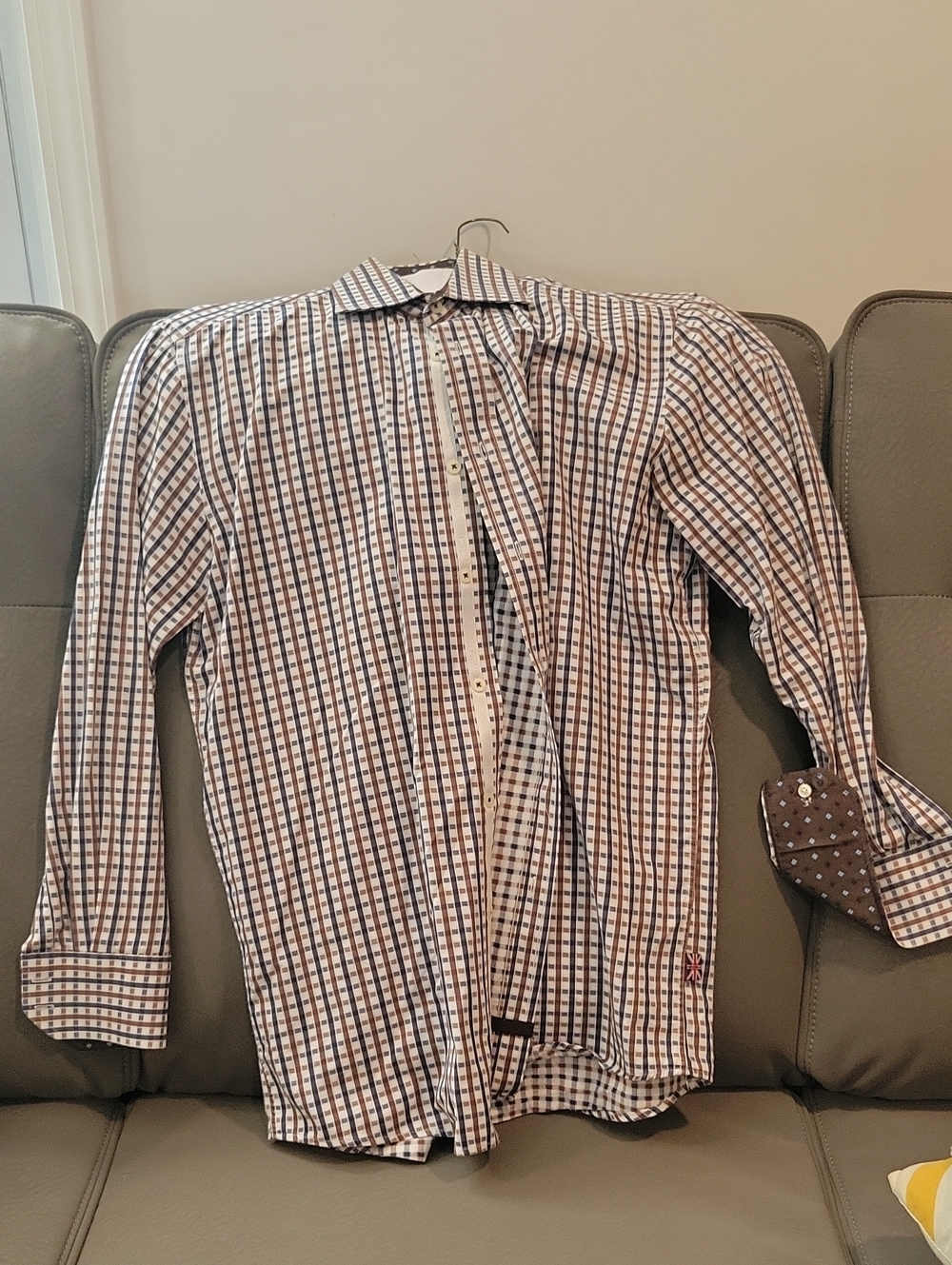 Brooks Brothers White Dress Shirt with Blue and Brown Check